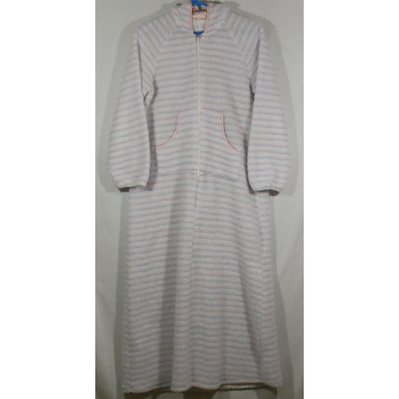 VTG 60s Borg Medium Hooded House Coat Robe Fuzzy Fleece Pink Purple USA - Picture 1 of 11